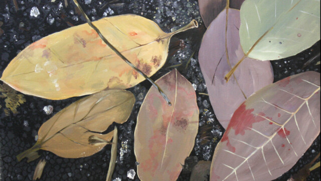 A painting of leaves on the ground.